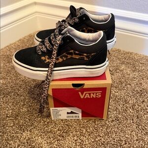 Vans Kids Old Skool Sneakers in Black with Leopard Accents